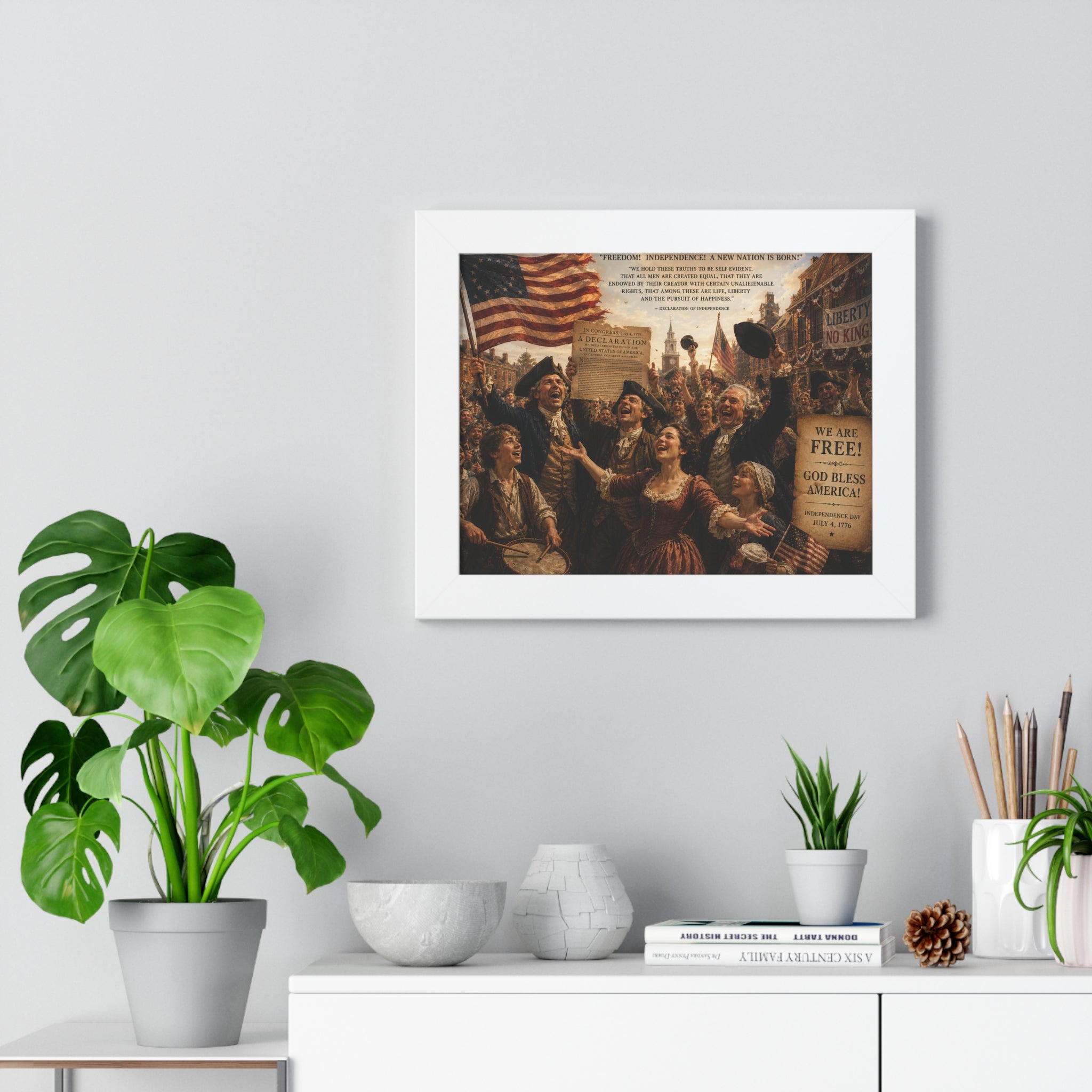 Framed Horizontal Poster – Patriotic 'We Are Free! God Bless America' Historical Print