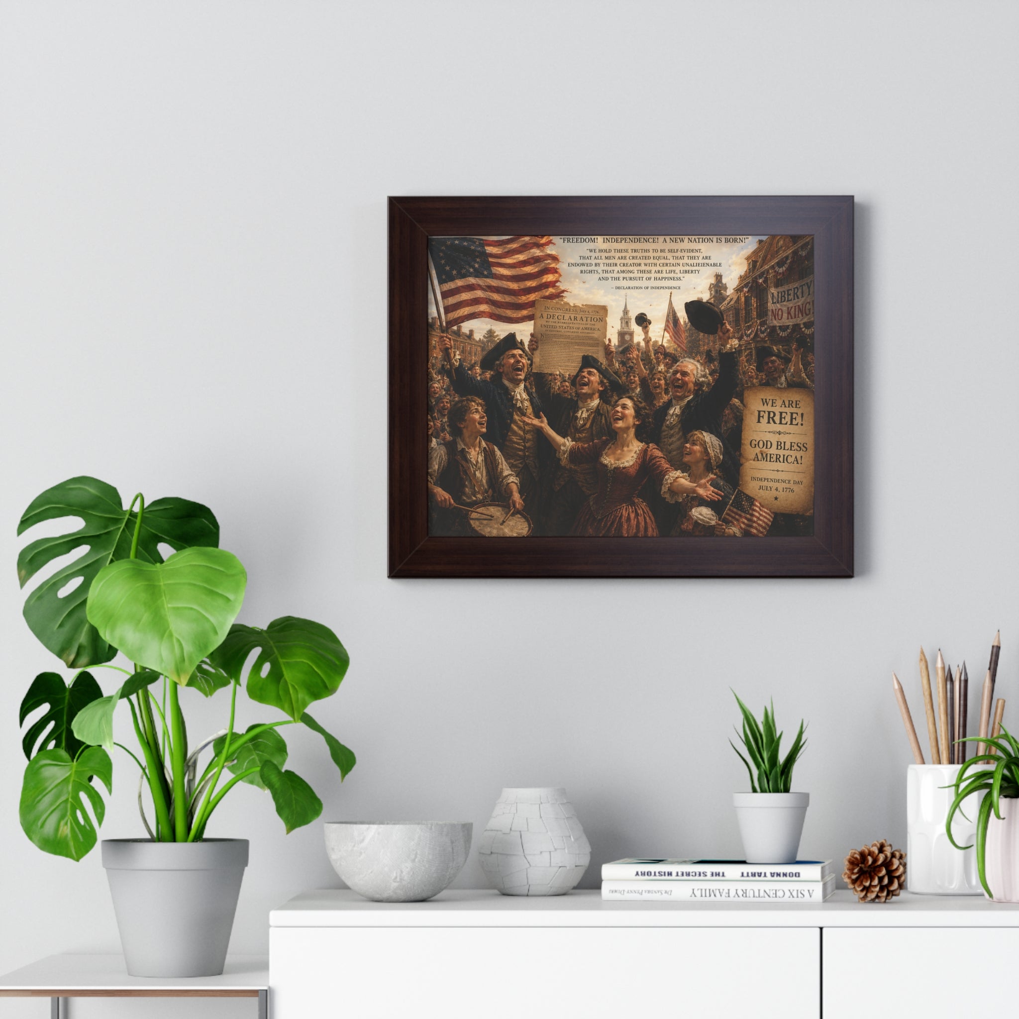 Framed Horizontal Poster – Patriotic 'We Are Free! God Bless America' Historical Print